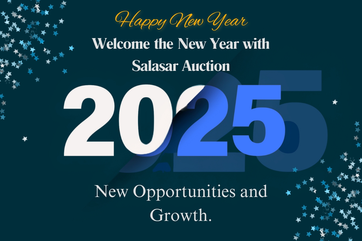 New Year celebration with Welcome 2025 with Salasar Auction, showing fireworks,and symbols for online auctions and logistics.